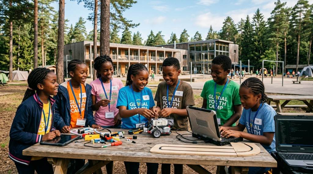 Young people collaborating on a robotics activity at a learning camp.