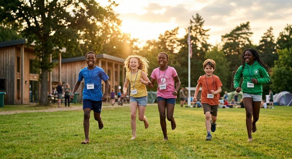 Young people running together on a camp field at sunset.